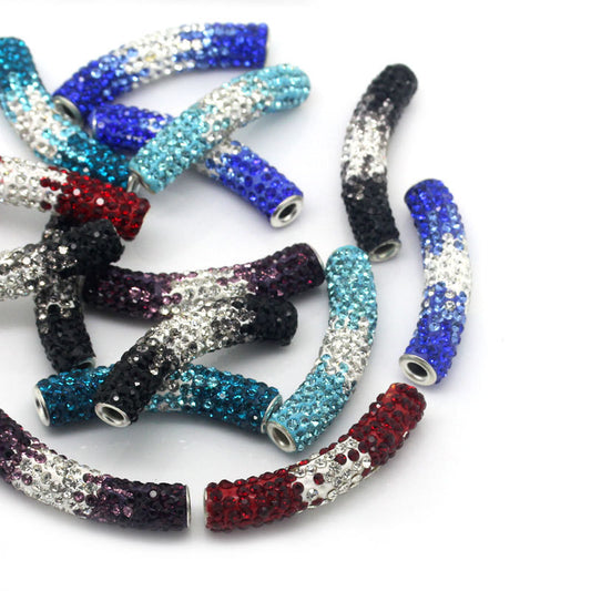 BD554 - 5 pcs. Rhinestone Noodle Tube Long Curved Beads - 47mm x 10mm (1.85" x 0.4") - Assortment! - LARGE - Hole Size: 4mm