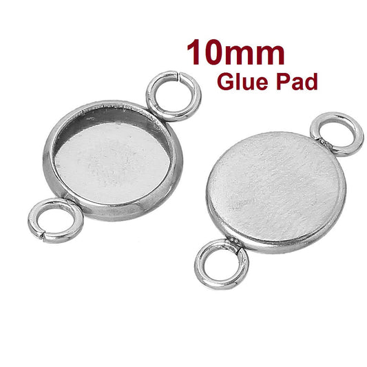 P932A - 10 pcs. Stainless Steel Circle Round Bezel Cabochon Cameo Connector Tags Trays - 10mm Glue Pad - Hypoallergenic! Tarnish Resistant! Silver