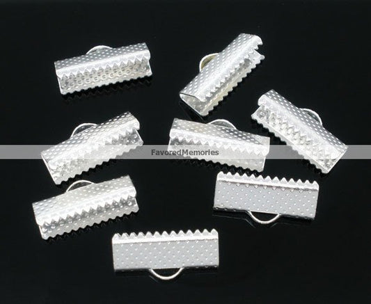 CR017 - 100 pcs. Silver Plated Textured Ribbon Crimp End Caps - 16x7.5mm