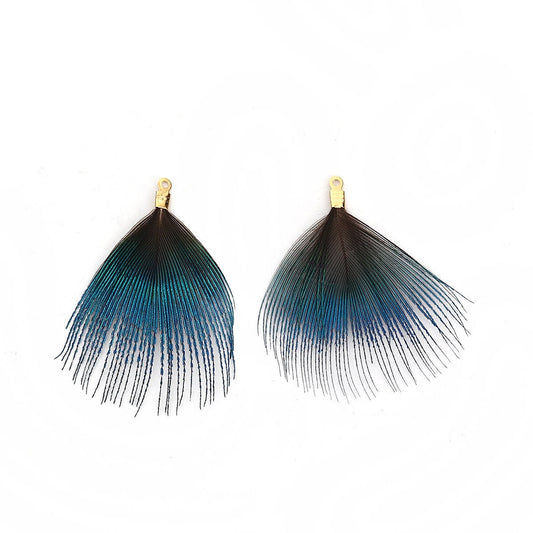 P767 - 5 pcs Peacock Black and Blue Dangle Charms Pendants - Feather - Gold Crimps - 40mm (1.6") - Great for Large Earrings, Necklaces or Dangles