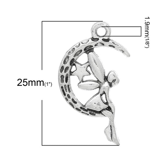 P311 - 50 pcs. Antique Silver Angel Moon Charms Pendants - 25mm X 15mm (1 inch)
