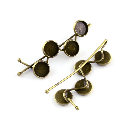 H056 - 5 pcs. - Antique Bronze Hair Bobby Pins Cabochons Bezels - 10mm Glue Pad - 4 Bezels