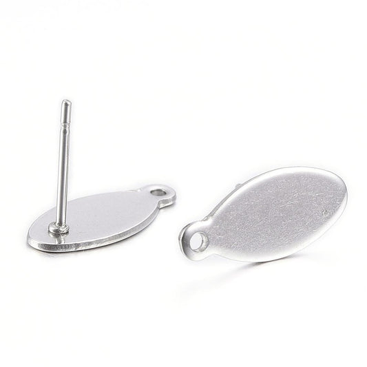 E339 - 10 pcs. (5 pairs) 304 Stainless Steel Oval Earring Posts/Bases/Studs/Settings with Backs - 15mm x 7mm - Hole for Dangles - Tarnish Resistant