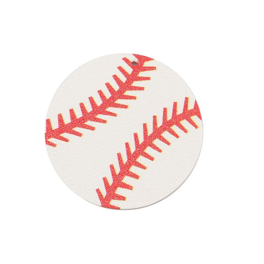 P1077 - 10 pcs. White and Red Baseball Ball Faux Leather Dangle Charms Pendants - Circle - Sports - 45mm (1.775") - Double-Sided