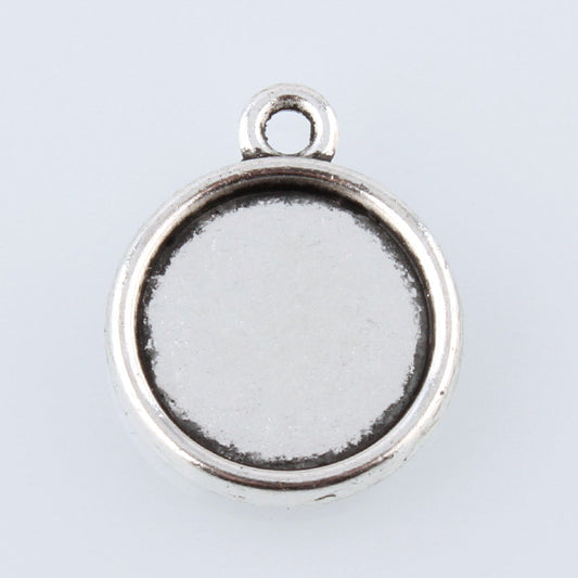 P183 - 10 pcs. Antique Silver Tone Circle Round Bezel Cabochon Pendant Tags Trays - 12mm Glue Pad - Double Sided