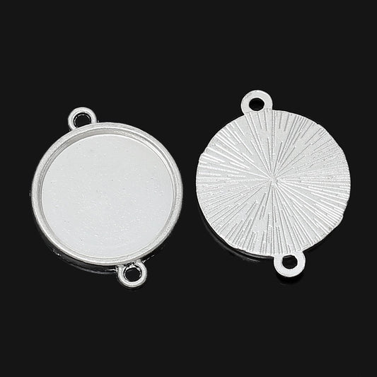P352 - 10 pcs. Silver Plated Circle Round Bezel Cabochon Cameo Connector Tags Trays - 18mm Glue Pad