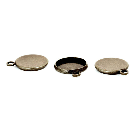 P461 - 10 pcs. Antique Bronze Circle Round Bezel Cabochon Pendant Tags Trays - 12mm Glue Pad - 18x14mm - Single Loop