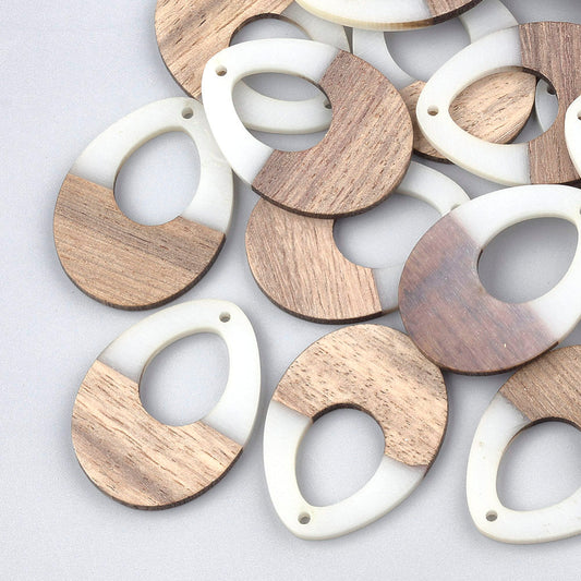 P1098 - 4 pcs. White Clear Resin and Wood Teardrop Flat Pendant - 38mm x 28mm - (1.5" x 1.1") - LARGE - Great for Earrings and Necklaces!