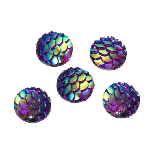 CA026A - 5 pcs Mermaid Fish Scales Resin Carved Embellishment Cabochons Purple AB - 12mm