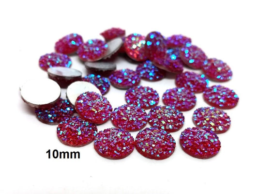 CA167 - 10 pcs Druzy Resin Embellishment Cabochons Ruby Pink Fuchsia - 10mm - Dome Circle