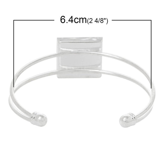 B103 - 1 pc. Silver Plated Bangle Bezel Cabochon Open Square Cuff Bracelets - 17cm (6 3/4") - 20mm x 20mm Glue Pad (5/6") - Made of Copper!