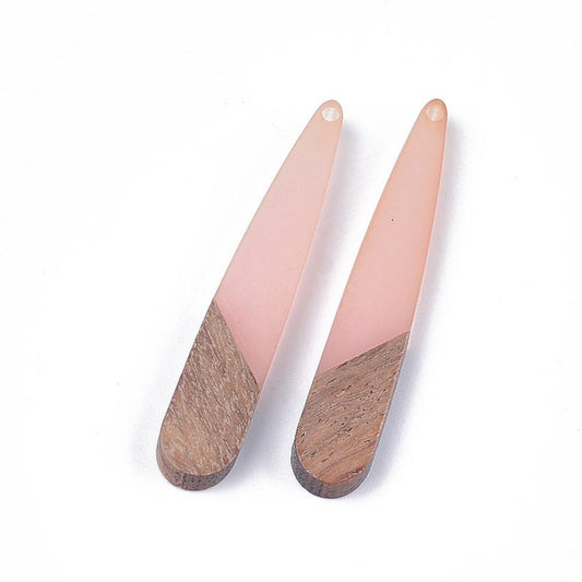 MP0025 - 4 pcs. Coral Resin and Wood Teardrop Flat Pendant - 44mm x 8mm - (1.73" x 0.32") - Great for Earrings and Necklaces!