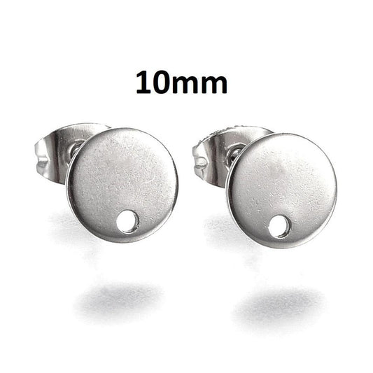 E340 - 10 pcs. (5 pairs) 304 Stainless Steel Silver Tone Earring Posts/Bases/Studs/Settings - 12mm Length - 10mm Diameter - Hole Size: 1.5mm