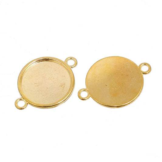 P435 - 10 pcs. Gold Plated Circle Round Bezel Cabochon Cameo Connector Tags Trays - 20mm Glue Pad - High Quality!