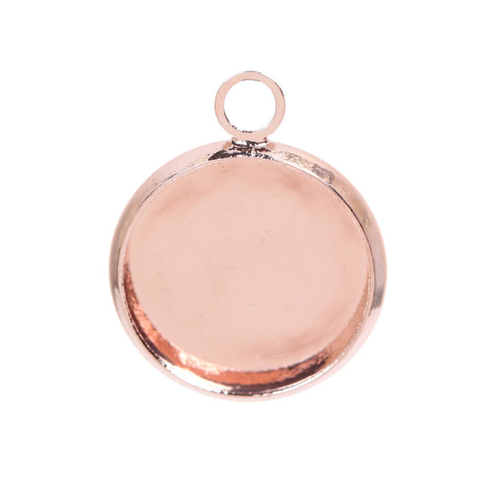 P462 - 10 pcs. Rose Gold Plated Circle Round Bezel Cabochon Pendant Tags Trays - 12mm Glue Pad - 18x14mm - Single Loop - Hole Size: 2.1mm