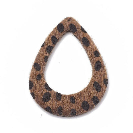 P828 - 10 pcs. Leopard Faux Fur Leather Dangle Charms Pendants - Teardrop Hoop - Brown - 59mm (2.32") - Great for Earrings or Dangles! Double-Sided