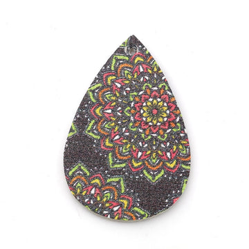 P1055 - 10 pcs. Black, Pink and Green Multicolor Filigree Floral Faux Leather Dangle Charms Pendants - Teardrop - 56mm (2.2") - Double Sided