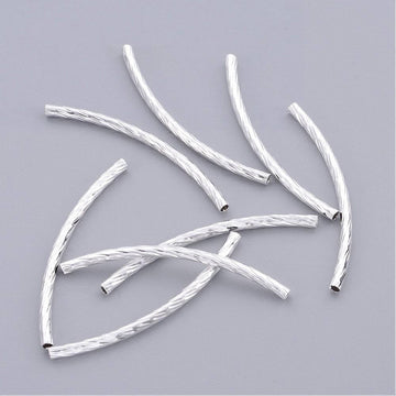 BD466 - 100 pcs. Silver Plated Noodle Twisted Textured Pattern Tube Long Thin Curved Beads - 35mm x 2mm (1.38" x 0.08") - Hole Size: 1mm