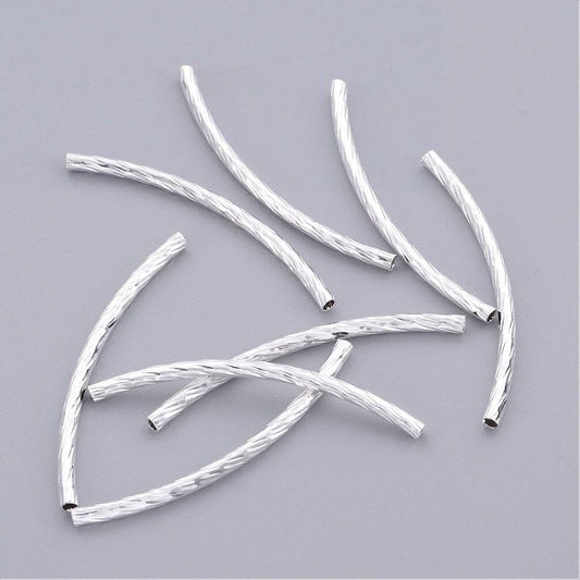 BD466 - 100 pcs. Silver Plated Noodle Twisted Textured Pattern Tube Long Thin Curved Beads - 35mm x 2mm (1.38" x 0.08") - Hole Size: 1mm
