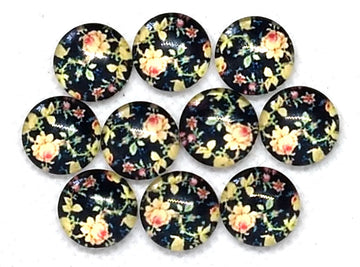CA798 - 10 pcs Circle Flower Glass Round Dome Seals Tiles Cabochons - 12mm - Ivory Rose with Navy Blue Background