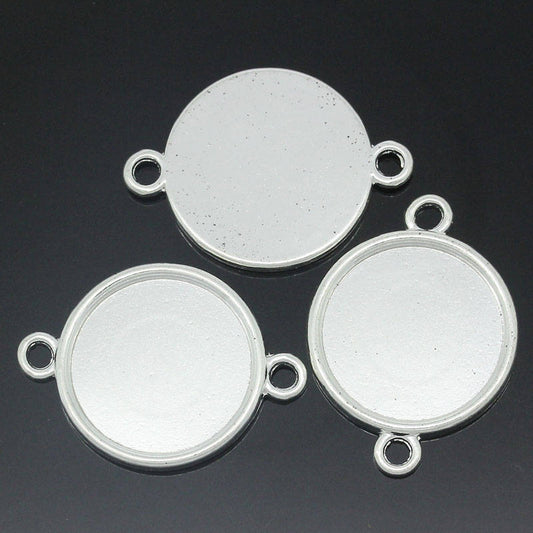 P502 - 10 pcs. Silver Plated Circle Round Bezel Cabochon Cameo Connector Tags Trays - 20mm Glue Pad