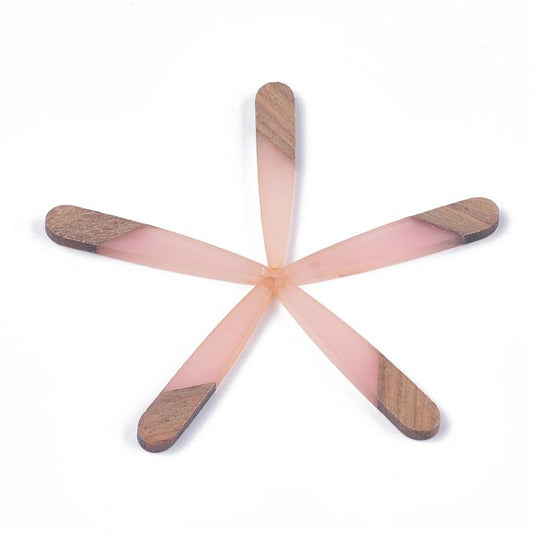 MP0025 - 4 pcs. Coral Resin and Wood Teardrop Flat Pendant - 44mm x 8mm - (1.73" x 0.32") - Great for Earrings and Necklaces!