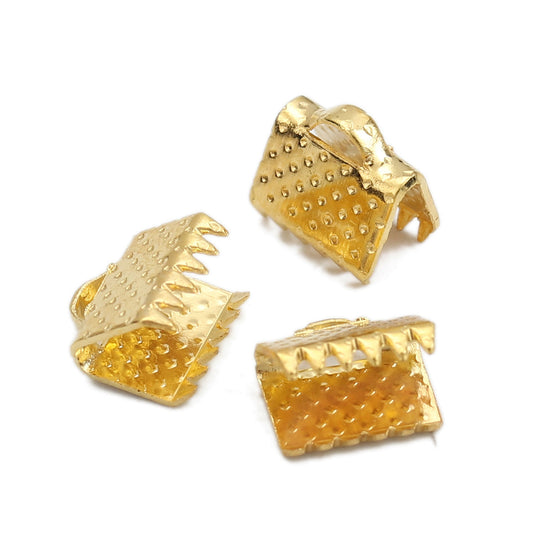 CR026 - 100 pcs. Gold Plated Textured Ribbon Crimp End Caps - 8mm x 8mm - Great for 8mm Ribbons and Cords!