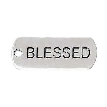 P353 - 10 pcs. Antique Silver "Blessed" Rectangle Charms Pendants - 21mm X 8mm