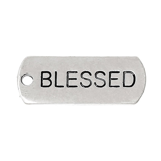 P353 - 10 pcs. Antique Silver "Blessed" Rectangle Charms Pendants - 21mm X 8mm