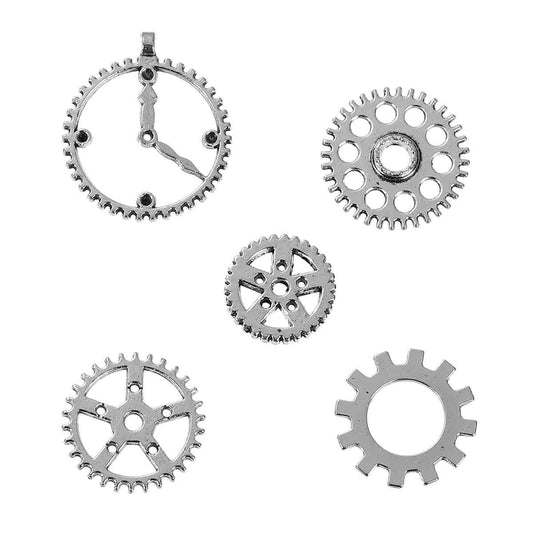 P436 - 20 pcs. Antique Silver Assortment of Steampunk Gears Charms Pendants - 20mm to 34mm