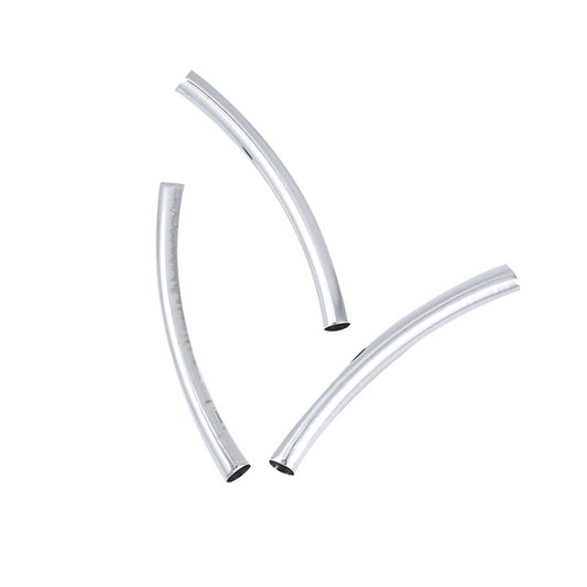 BD555 - 100 pcs. Silver Plated Noodle Tube Long Thin Smooth Curved Beads - 50mm x 5mm (2" x 0.2") - Hole Size: 4.1mm -Made of Copper! High Quality!