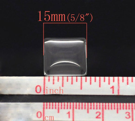 CA005A - 50 pcs. Square Clear Glass Dome Seals Tiles - 15mm - 4mm Thick