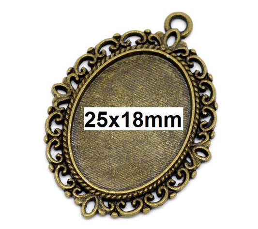 P658 - 10 pcs. Antique Bronze Oval Pendant Picture Photo Frame Bezel Setting Pendants Charms - 25mm x 18mm Glue Pad for Cabochons - 25x18mm