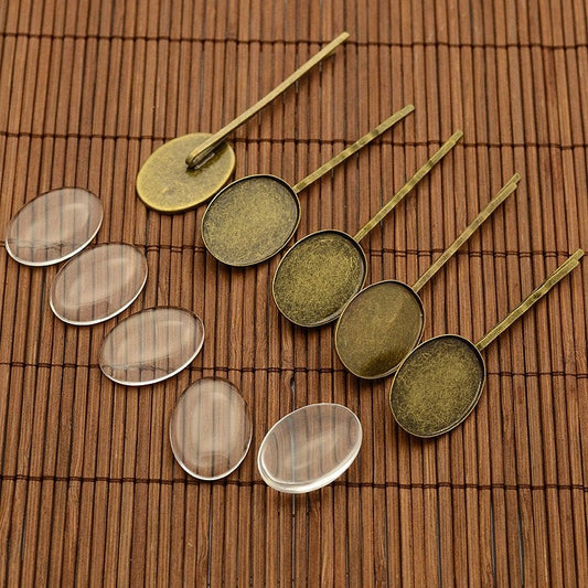 CA590 - 5 Sets (10 pcs) Antique Bronze Hair Bobby Pins Cabochons Bezels - 25mm x 18mm Oval Glue Pad - 5 Glass Tiles and 5 Bobby Pins