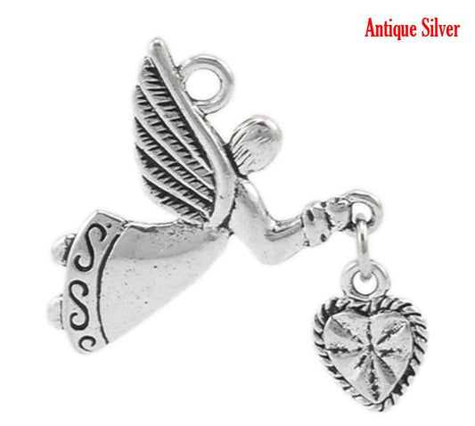P995 - 2pcs. Antique Silver Angel Charms Pendants - 25mm (1 inch) x 22mm
