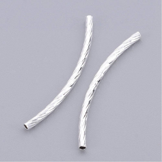 BD466 - 100 pcs. Silver Plated Noodle Twisted Textured Pattern Tube Long Thin Curved Beads - 35mm x 2mm (1.38" x 0.08") - Hole Size: 1mm