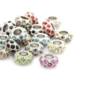 BD664 - 10 pcs Assortment Rhinestone Rondelle Spacer Beads - 11mm x 6mm - Hole Size: 5mm - Fits European and Paracord Beads!