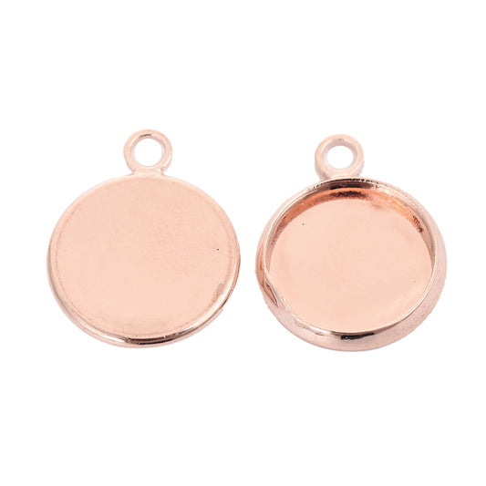 P462 - 10 pcs. Rose Gold Plated Circle Round Bezel Cabochon Pendant Tags Trays - 12mm Glue Pad - 18x14mm - Single Loop - Hole Size: 2.1mm