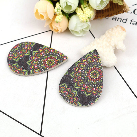 P1055 - 10 pcs. Black, Pink and Green Multicolor Filigree Floral Faux Leather Dangle Charms Pendants - Teardrop - 56mm (2.2") - Double Sided