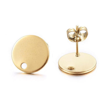 E482 - 10 pcs. (5 pairs) 304 Stainless Steel Golden Earring Posts/Bases/Studs/Settings - 12mm Diameter - Hole Size: 1.8mm