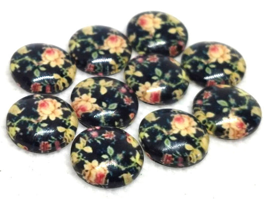 CA798 - 10 pcs Circle Flower Glass Round Dome Seals Tiles Cabochons - 12mm - Ivory Rose with Navy Blue Background