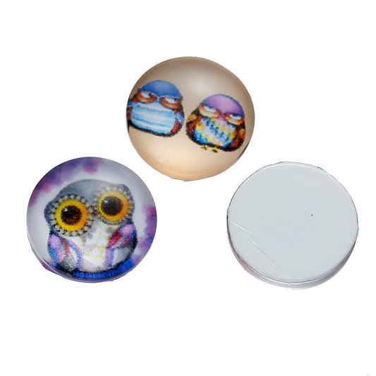 CA408 - 10 pcs Circle Owl Glass Round Dome Seals Tiles Cabochons - 12mm - Assortment