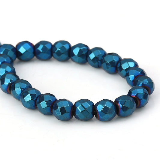 BD365 - 65 pcs. - 6mm Blue Multicolor Hematite Faceted Round Beads - 15 6/8 inch strand (40cm) - 0.8mm Hole Size - Grade A