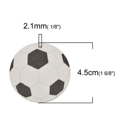 P1078 - 10 pcs. Black and White Soccer Ball Faux Leather Dangle Charms Pendants - Circle - Sports - 45mm (1.775") - Double-Sided
