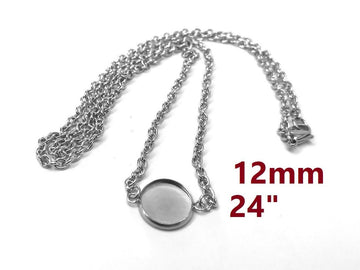 N208 - 3 pcs. 304 Stainless Steel Silver Tone Chain Necklaces - 24" (61cm) - 12mm Bezel - Tarnish Resistant!