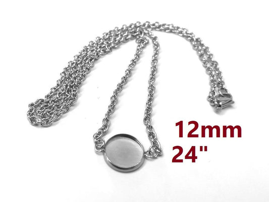 N208 - 3 pcs. 304 Stainless Steel Silver Tone Chain Necklaces - 24" (61cm) - 12mm Bezel - Tarnish Resistant!