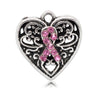 P960 - 20 pcs. Antique Silver Ribbon Pink Rhinestone Breast Cancer Heart Charms Pendants - 16mm x 14mm