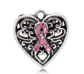 P960 - 20 pcs. Antique Silver Ribbon Pink Rhinestone Breast Cancer Heart Charms Pendants - 16mm x 14mm