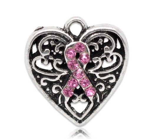 P960 - 20 pcs. Antique Silver Ribbon Pink Rhinestone Breast Cancer Heart Charms Pendants - 16mm x 14mm