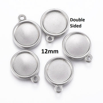 P888 - 10 pcs. 304 Stainless Steel Silver Tone Circle Round Bezel Cabochon Pendant Tags Trays - 12mm Glue Pad - Single Loop - Double Sided